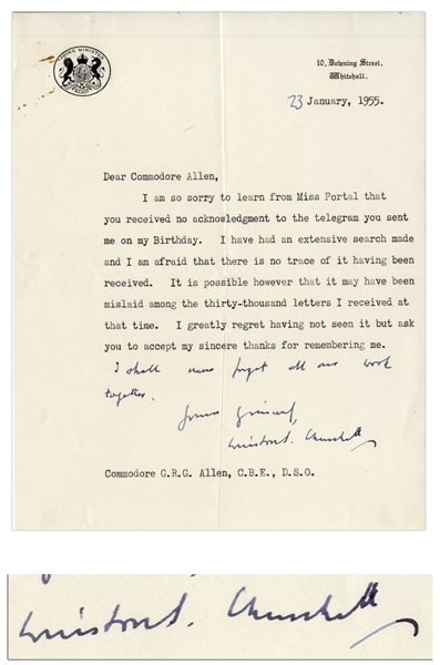 Winston Churchill Letter Signed as Prime Minister With Additional Autograph Note -- Churchill Pens a Humorous Letter Referring to the 30,000 Letters He Received on His Birthday